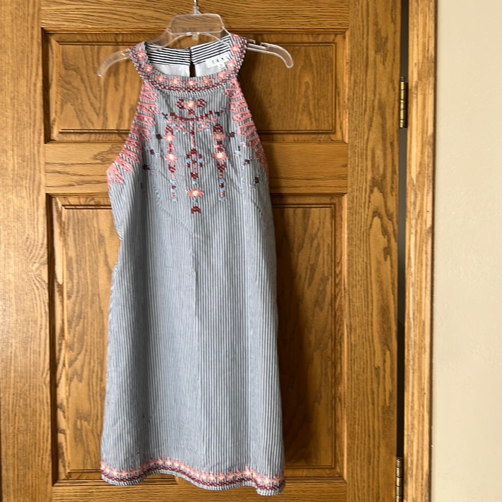 Halter stripe and embroidered midi dress.